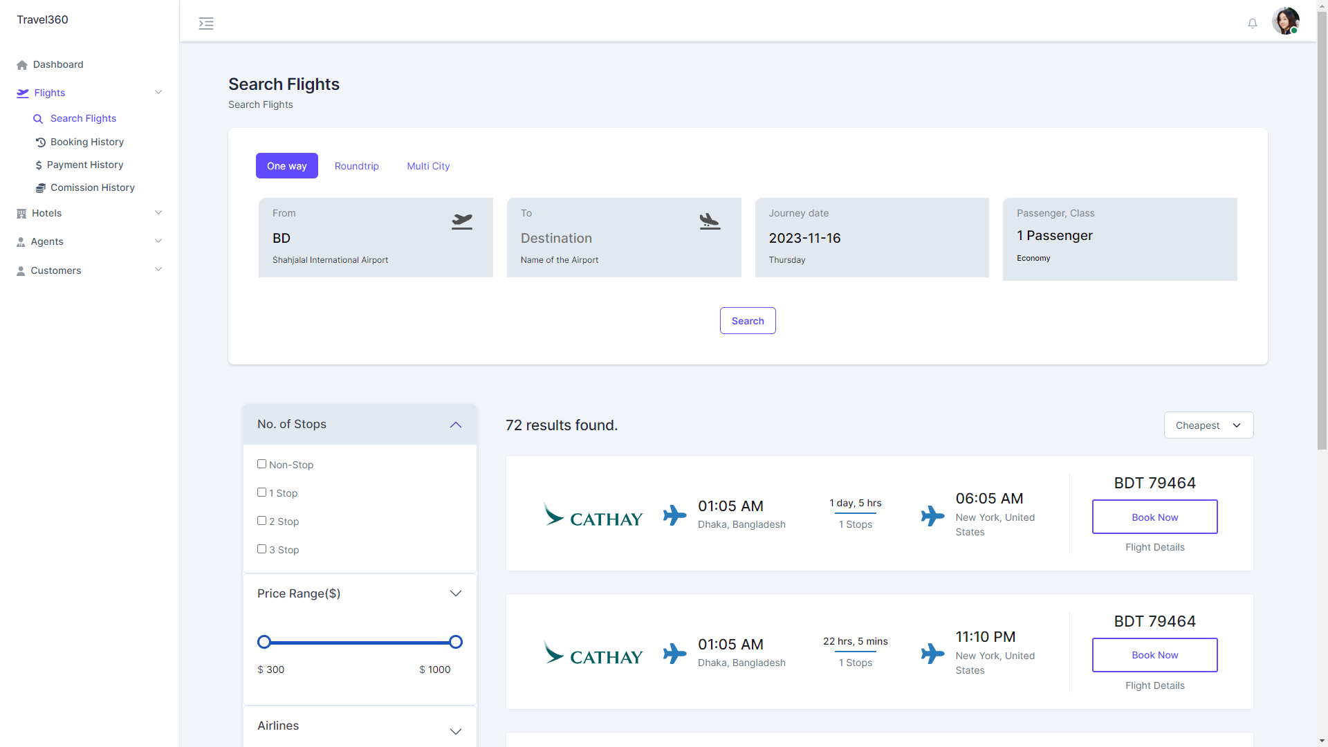OTA flight search and results