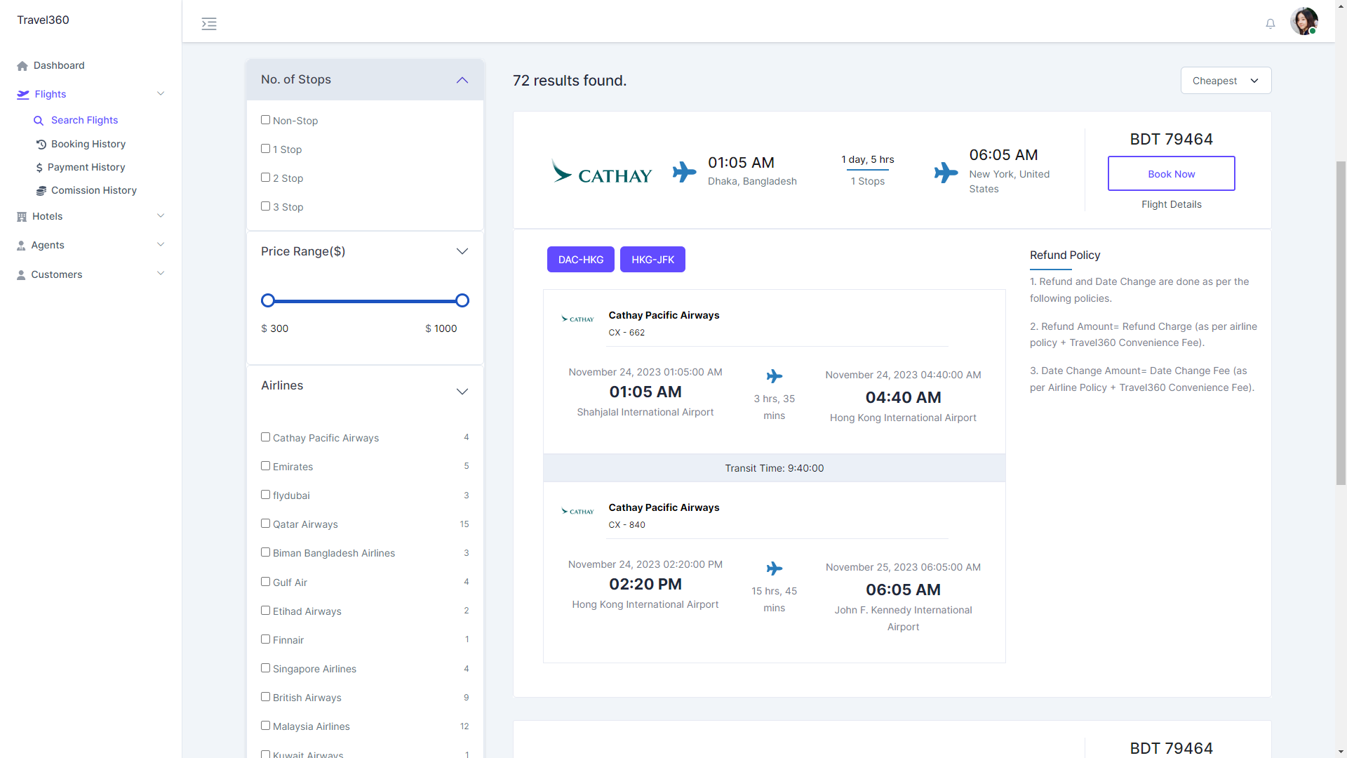 OTA: Flight itinerary and filters