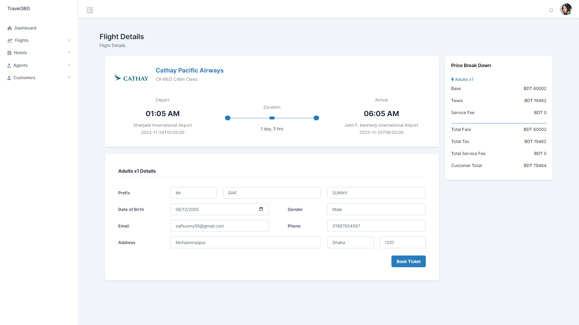 OTA: Passenger details and fare breakdown